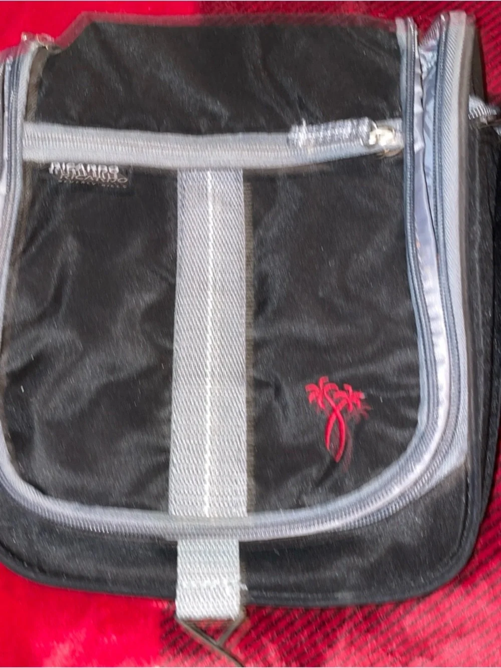 Black and Gray Hanging Toiletry Bag with Red Palm Logo